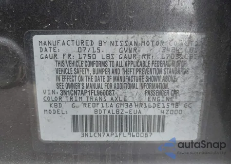 2015 Nissan Versa 1.6 Sv из США, поврежденный, VIN 3N1CN7AP1FL960087